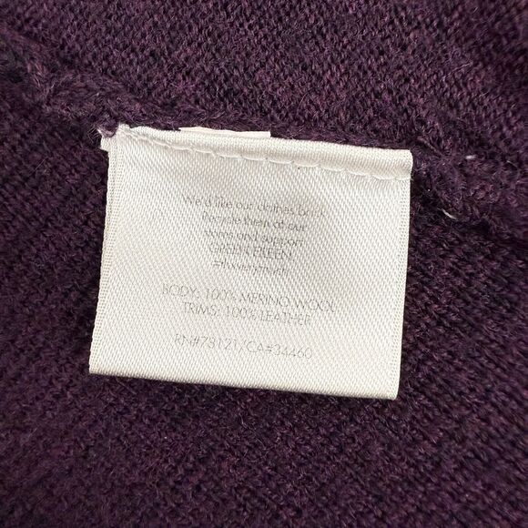 Eileen Fisher Cardigan Medium Purple Merino Wool Open Front Leather Trim Pockets - Picture 9 of 14